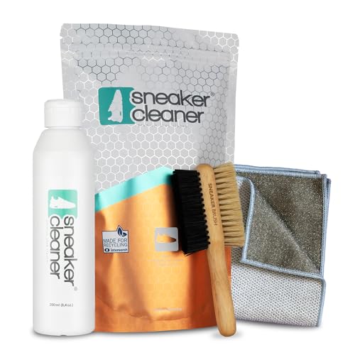 sneaker cleaner - Reinigungsset für alle Schuharten. 250ml effektiver Schuh-Reiniger + beidseitiger Naturholzbürste (weiche & harte Borsten) + hochwertigem Mikrofasertuch - Einfach saubere Schuhe