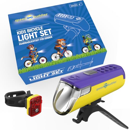 SPEED BUDDIES Fahrradlicht für Kinderfahrrad, StVZO zugelassene Fahrradlampe für Kinder, LED, USB-C (lila/gelb+gelb)