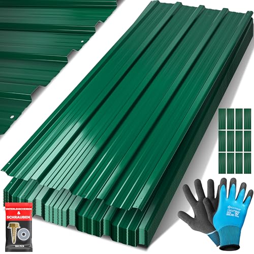 KESSER® 12x Profilblech Trapezblech 129cm x 45cm = 7 m² - Dachblech für Gerätehaus, Dachplatten Verzinkter Stahl 0,25mm, inkl. 100 Schrauben + Unterlegescheiben & Montagehandschuhe, Grün
