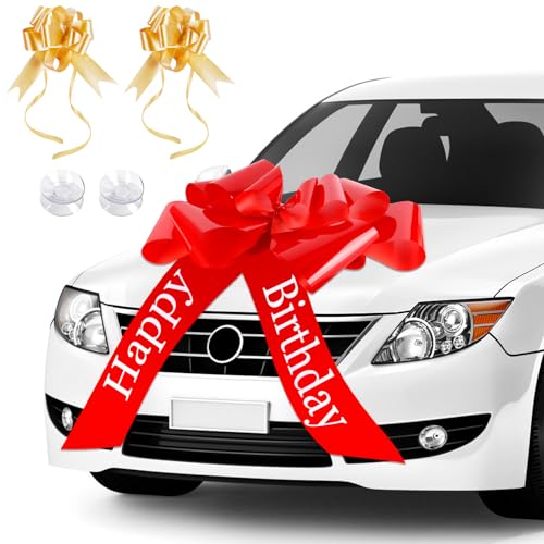 JABNOW Rote Schleife für Auto, Groß Geschenkschleife mit Saugnapf, Happy Birthday Geschenkschleife, Riesige Schleife Dekoration für Geburtstagsparty Auto (1 Roter 23 inches und 2 Goldene 3 inches)