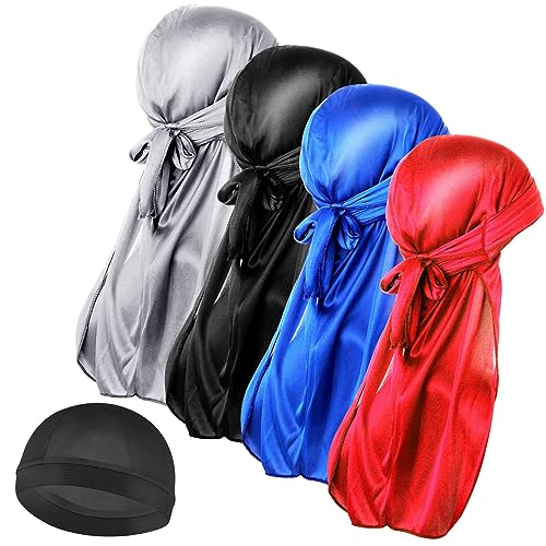 WLLHYF Seide Männer Durag, Piratenhut-Set Ultraweiche Wellenkappe Satin Extra Lange (Schwarz + Blau + Silber + Rot + runde Kappe) Einheitsgröße