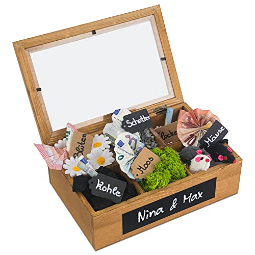 SURPRISA Schotter Schatulle 6er - kreative Verpackung für Geldgeschenke und persönliche Geschenkbox zum Geburtstag oder zur Hochzeit - Pinienholz