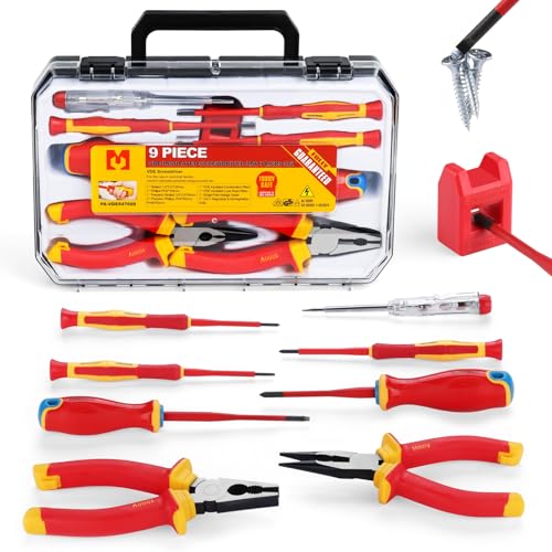 Mustbau 9 Pcs VDE Schraubendreher-Satz Schlitz, Kreuzschlitz, Drahtschneider, Spitzzange, Spannungsprüfer, Ent-Magnetisierer. Ideal für Elektrogeräten, Handys, Computern und Präzisionsgeräten.