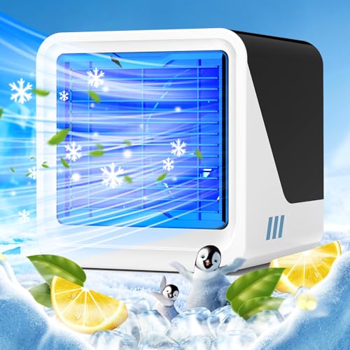 Klimaanlage Mobil, 3 in 1 USB Ventilator mit Wasserkühlung 500 ml Wassertank 3 Drehzahlen 7 Farblichter, Mobiles Klimagerät Mobile Klimaanlage Ohne Abluftschlauch, Luftkühler für Schlafzimmer Büro