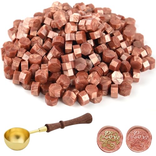 ASTARON 300 Stück Siegelwachs Orange-Gold, Siegelwachs Perlen mit 1 Wachsschmelzlöffel, Wachssiegel-Set für Stempel, für Einladungen, Karten, Umschläge, Weinpakete, Geschenkverpackungen