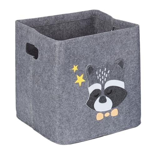Relaxdays Aufbewahrungsbox Waschbär, Stoffbox für Kinder, aus Filz, faltbar, Spielzeugbox, HxBxT: 33 x 33 x 33 cm, grau