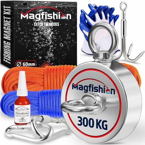 MAGFISHION Magnetfischen Mega Set - 300 KG (2 x 150kg) - Ø60mm - Neodym Magnet mit 2 Seilen, Greifhaken & Handschuhe - Magnet Fischen Angel - Ösenmagnet - Fishing Magnetangel - Magnetangeln Set