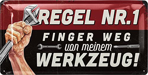 LANOLU Blechschild retro Werkstatt Schild - Finger weg von meinem Werkzeug - Vatertagsgeschenk - Geschenke für Papa, Handwerker und KFZ Mechaniker, 17x34cm