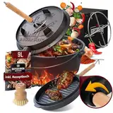 GUSSKÖNIG Dutch Oven Set - Eingebrannter Dutch Oven 9 Liter - Feuertopf aus Gusseisen ohne Füßen - Schmortopf Doppelfunktion - inkl. 2in1 Deckelheber, Bürste & DutchOven Rezeptbuch [für 4-7 Personen]