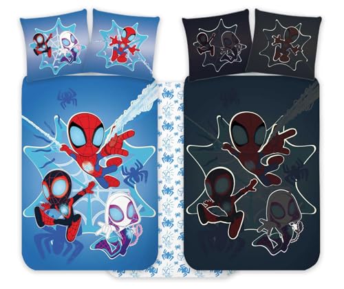 Spidey Kinderbett Bettwäsche Set 100x135 cm + Kissenbezug 40x60 cm 100% Baumwolle | Nachtleuchtender Stil Babybettwäsche Set perfekt für Kinder | Spiderman weiche Wendebettwäsche für Jungen und