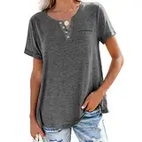Damen Kurzarm T-Shirt mit Knopfleiste und Tasche Lässiges V-Ausschnitt Sommer Henley T-Shirt Solide Farbe Lose Baumwolle Tops (Dunkelgrau,XXL)