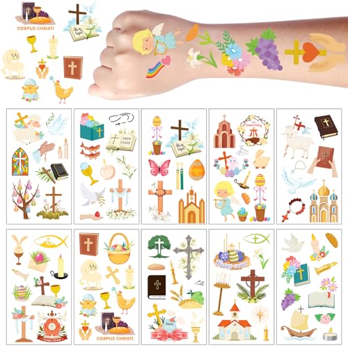SOETDERT Tattoo Kommunion, 10 Blätter Tattoos Kinder Aufkleber, Hautfreundliche Temporäre Kindertattoos für Kindergeburtstag Party Mitgebsel mit Kommunion Ostern Tiere, Kreuzen, Taube