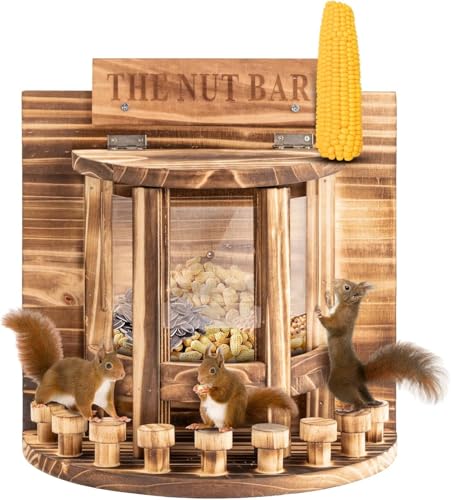 Eichhörnchen Futterhaus, KISKVV Eichhörnchen Futterstation aus Kiefernholz für Mais-Erdnuss, Sitzplattform, Eichhörnchenhaus Wetterfest mit Solider Struktur, Keine Montage erforderlich
