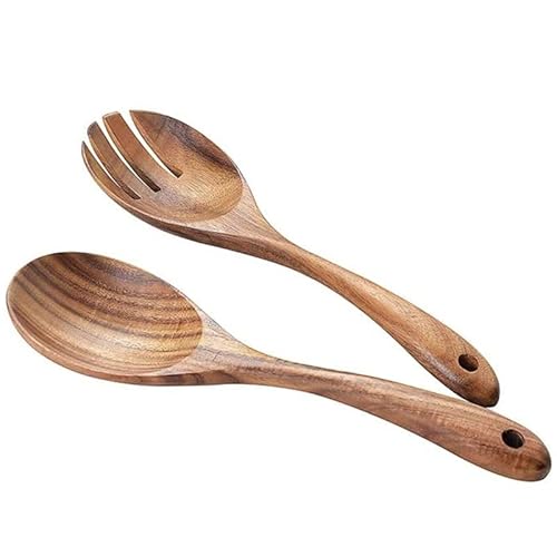 2 Stück Salatbesteck Holz - 10,2 Zoll Holz Servierlöffel Set Salat Mischen Abendessen Gabel Und Löffel Langgriff Salatzange Set