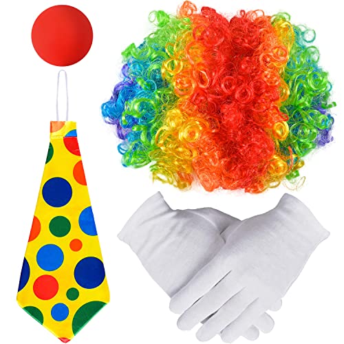 iZoeL Clown Kostüm Accessoire, Clown Lockenperücke + Clownsnase + Bunte Krawatte + Handschuhe, Halloween Fasching Karneval Kostüme für Kinder Damen Herren
