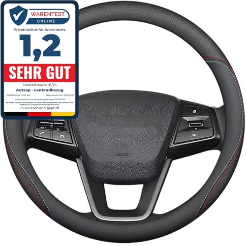 Autsop Lenkradbezug Auto Schwarz Nappa Leder,Rote und Blaue Linien Lenkradbezug Universal Größe 14.5-15 Zoll (37-39cm) Lenkradhülle für Sommer & Winter Auto Zubehör Interieur