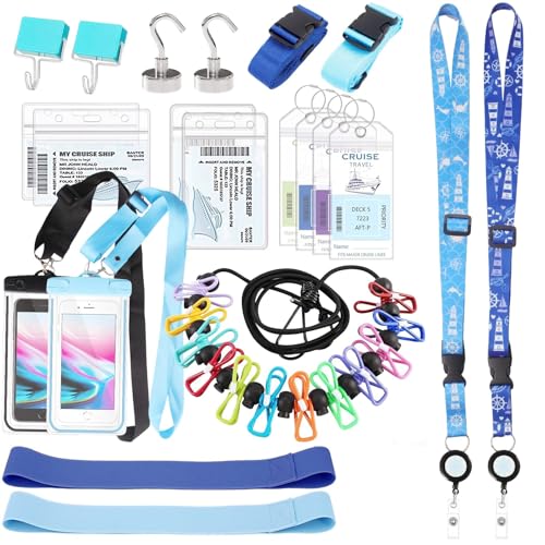 21 Stück Kreuzfahrtschiff-Essentials für Kreuzfahrt-Reisen – einziehbare Schlüsselbänder für Schiffskarten, wasserdichte Handytasche, Handtuchbänder, Wäscheleine, Magnethaken, Gepäckanhängerhalter und