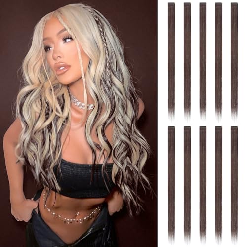 FESHFEN Farbige Haarverlängerung, 10 PCS Braun Haarteil für Damen Synthetik Party Highlight Bunte Glatte Haarverlängerungen Clip in Haarteil für Frauen, 55cm