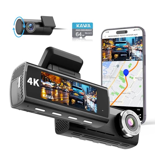 KAWA Dashcam Auto Vorne Hinten, True 4K WiFi Dashcam Auto mit 64GB SD Karte, Dual Cam, Eingebautes GPS, 3.16'' IPS Bildschirm, Startlicht Nachtsicht-Loop-Aufnahme, Notaufnahme, 24Std. Park Modus,D8