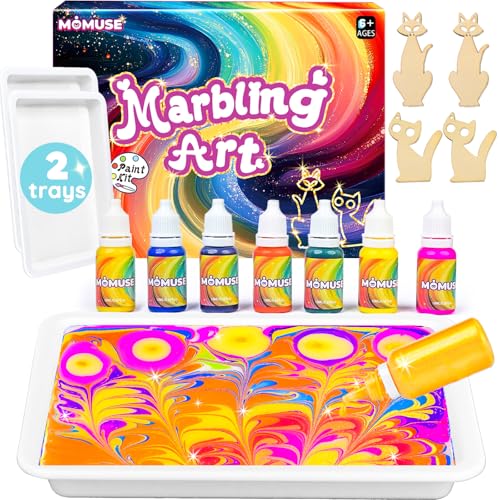 MOMUSE Bastelset Kinder ab 6 Jahre mit 2 Tabletts, Wasser-Marmorierfarbe-Set & Holz-Katzenfiguren, Kreatives Basteln Mädchen 8 Jahre, Coole Geschenke für Jungen Mädchen ab 6 8 9 10 12 Jahre