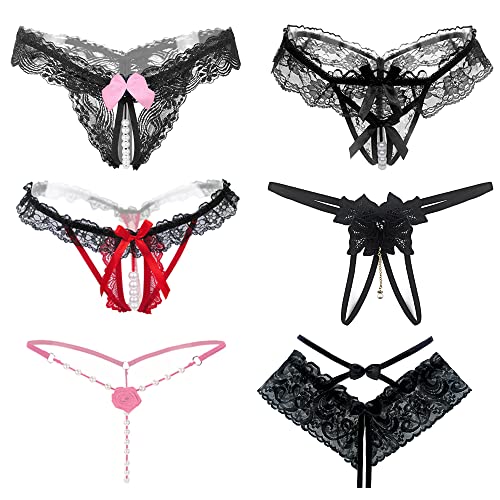 6er Pack Damen String Ouvert Mit Perlen Blume Loch Set, Schwarz Niedrige Taille Spitze Sexy Tanga Unterwäsche Mit Offenem Schritt, G-String Reizwäsche Thongs V-String Höschen