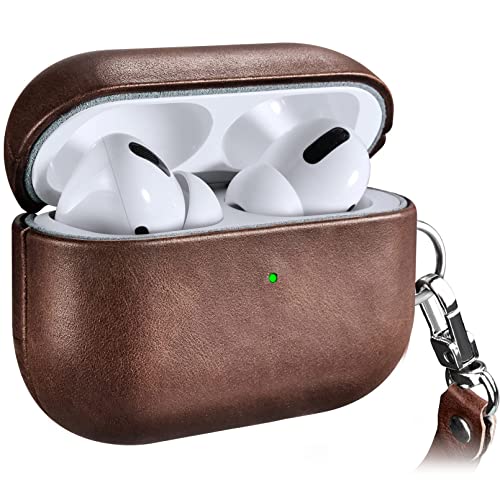 Ledertasche Hülle für AirPods Pro, ICARERSPACE Premium Echtleder Stoßfeste Schutzhülle für Apple AirPods Pro Ohrhörer Ladehülle (LED sichtbar) Unterstützt kabelloses Ladegerät BRAUN