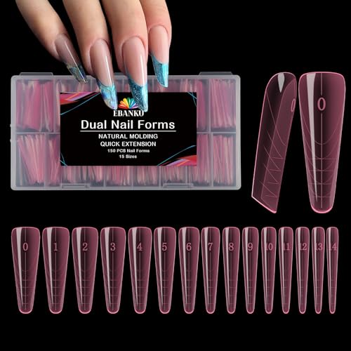 EBANKU 150PCS Polygel Tips Nagelformen, Wiederverwendbar Dual Tips Nägel für Nagelverlängerung Pink Stiletto Mandel Acryl Sarg Nagel Erweiterung Tips Nagelspitzen Form, 15 Größen