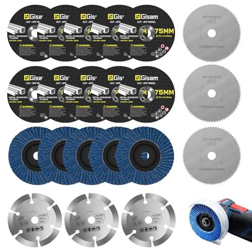 Gisam 75mm Professional Trennscheiben & Fächerscheiben, Bohrung Ø 10 mm, Zubehör Set für Ø 76 mm Mini Akku Winkelschleifer (1-75mm 21 Stück)