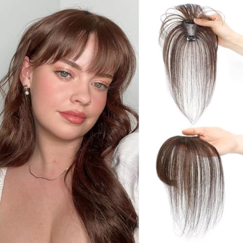 Pony Haarteil, Clip in Pony Echthaar, Haarteil Mit Klammer, One Piece Fringe Clip in Human Hair Verlängerung für Frauen,Dunkelbraun