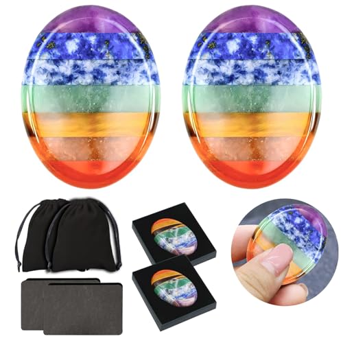 2 Stück Chakra Kristalle Daumen Steine, Kristall Sorgen Stein Heilsteine Edelsteine Glücksbringer Oval Palm, 7 Chakra Worry Stone, Palmenstein für Meditation Reiki-Ausgleich mit Box, Karte
