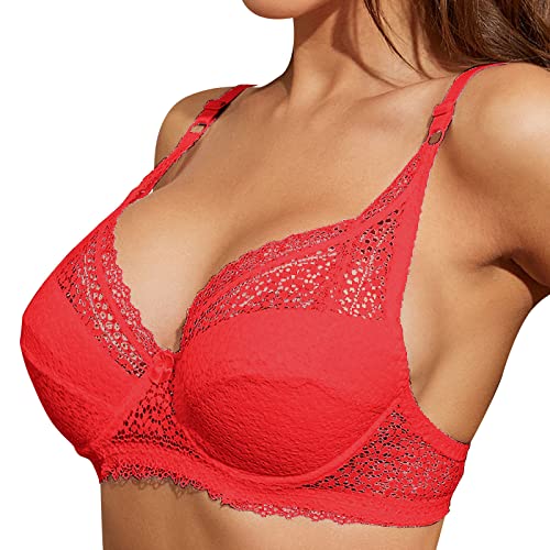 2025 - Frauen Full Cup Dünne Unterwäsche Kleiner BH Plus Size Wireless Verstellbarer Spitzen-BH Brustabdeckung BD Cup Große Spitzen-BHS Top Damen Spitze (Red, 36D)