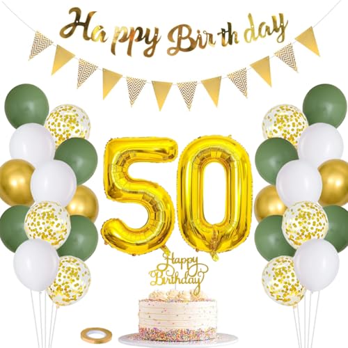 Dekoration zum 50. Geburtstag für Frauen und Männer, „Happy Birthday“-Banner, Tortenaufsatz, Folienballon mit der Zahl 50, Salbeigrün-Weißgold-Konfettiballons als Dekoration zum 50. Geburtstag50