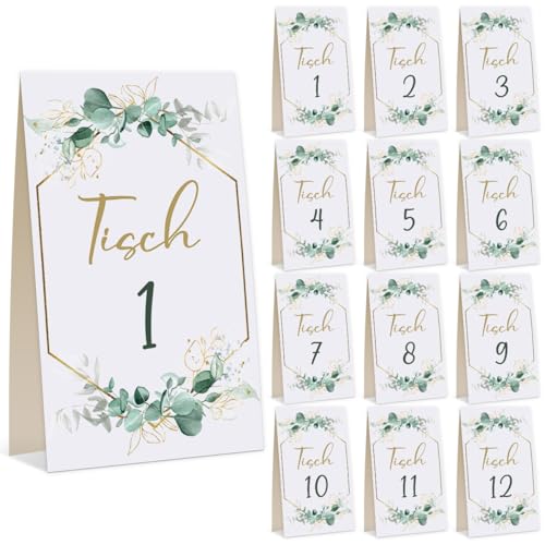 1-12 Tischnummern Hochzeit,Hochzeit Tischnummern, 12 Stück Tischkarten Vintage,Tischkarten Taufe,Tischkarten Kommunion Eukalyptus Einfach