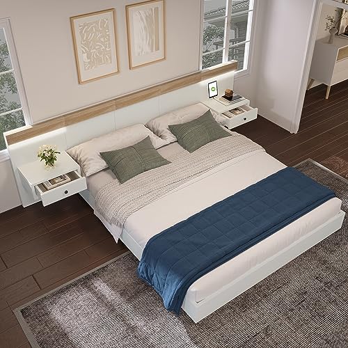 MURUL Doppelbett BettanlageUSB C Steckdose Holzbett inkl & mit 2 LED Nachtkommoden 2 Nachttischen Schlafzimmer Komplett Set in Eiche Sonoma/Weiß(180×200cm/Mit Nachttisch)