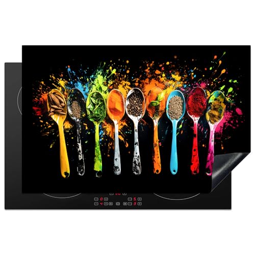 KitchenYeah© Herdabdeckplatte 80x52 cm Einteilig Herdabdeckung Abdeckplatte für Ceranfeld Abdeckung Induktionskochfeld Aufrollbare Matte Löffel - Gewürze - Modern - Graffiti - Farbenfroh