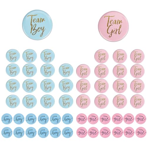 56 Stück Geschlecht Offenbar Button Gender Reveal Party Deko Team Boy Und Team Girl Pin Abzeichen 32 Gender Reveal Pin + 24 Gender Reveal Stickerfür Baby Shower Party Dekoration (Blau, Rosa)
