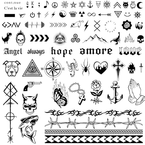COLOFALLA 3 Blätter 90+pcs Temporäre Tattoos 2 Wochen Schriftzug Tattoos zum Aufkleben Fake Tattoos Klebetattoos Kleine Mustern Coole Motiv für Halloween Männer Frauen (A)