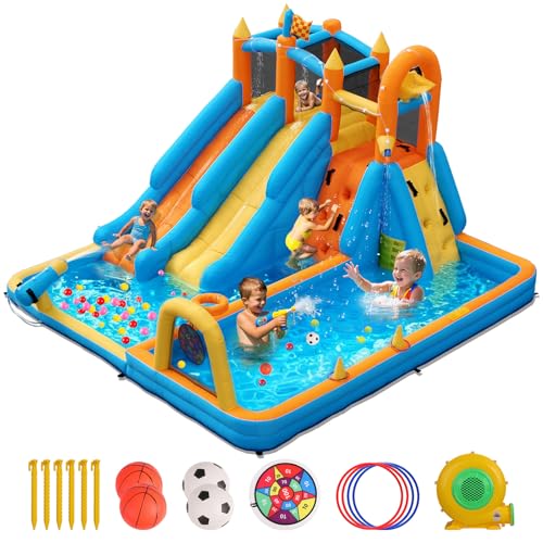 FOOING Aufblasbare Hüpfburg mit 2 Rutschen, Kletterwand & Basketballkorb - Wasserspielburg mit Sicherheitsnetz für Garten, Kindergeburtstage und Sommerpool-Partys