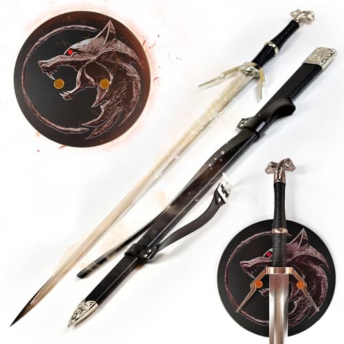 Witcher - Silber Schwert mit Scheide - Typ I + Wanddisplay, Geralt von Riva Silberschwert, Metallschwert für Cosplays, zum Sammeln & als Geschenk, Schwerthalter aus Holz mit Wolf Symbol