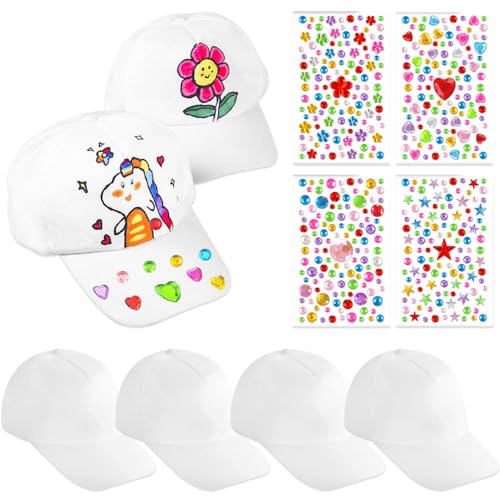 LoNinLoAn Graffiti Kappe Bastelset 6 Stück DIY Kappe Weiß Kinder Bemalen DIY Baseballcap Anstrich Hut Mütze Kinder Baseballmütze mit 4 Pcs Edelstein Aufklebern