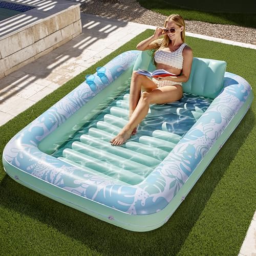 Sloosh 85" x 57"/2.1 x 1.4m aufblasbarer Sonnenpool, Luftmatratzte Pool, Sonnenbad mit abnehmbarem Kissen, persönlicher Luftmatratze Wasser für Erwachsene, Sommerspaß, Wasserparty-Cyan Weiß