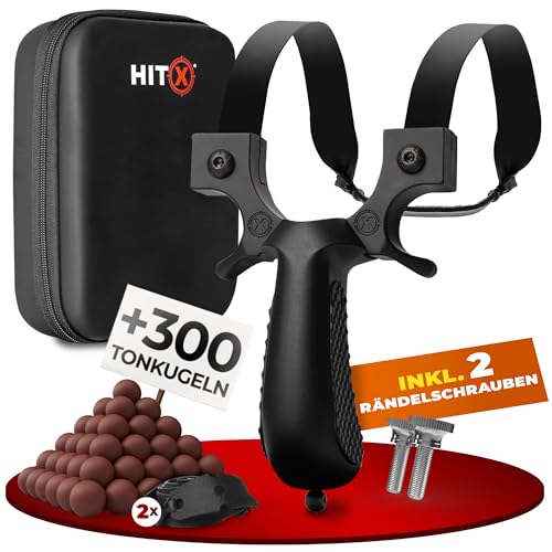 HITX® Zwille Steinschleuder Bundle Set | Super Grip Oberfläche | Slingshot Schleuder mit Gummiband | Einfache Clip-Anbindung | Sportgerät im Bundle Set mit Ersatzgummi + 300 Tonkugeln