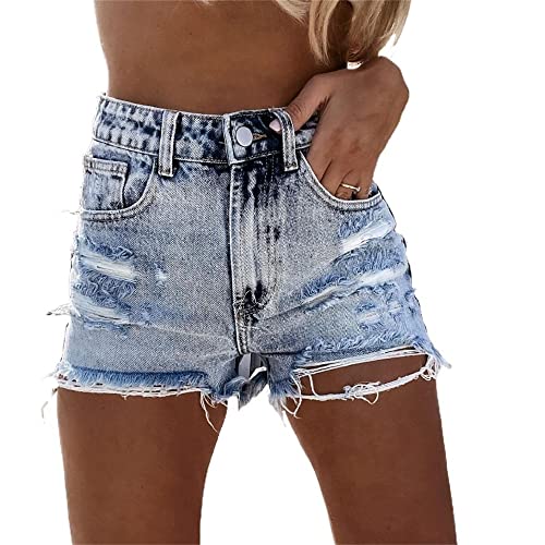 OULIWANGLUO Damen Hohe Taille Destroyed Denim Shorts Quasten Stretch Casual Bequeme Denim Kurze Hose High Waist Baumwolle Kurze Jeans für Frauen (Grau Blau,M)