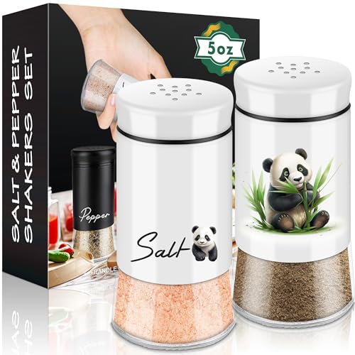 Panda Salz- und Pfefferstreuer-Set, 142 ml, Glasboden, Salz- und Pfefferstreuer mit Edelstahldeckel, Küchendekoration und Zubehör, nachfüllbares Design (Panda isst)