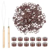 200 Stück Haarverlängerungen Ringe, Abeillo 4,0 mm Microring Extensions Echthaar, Haar Verlängerungen Perlen, Nanoringe mit Silikon, Perlengerät Werkzeugsätze mit Ziehenden Haken Nadel (Braun)