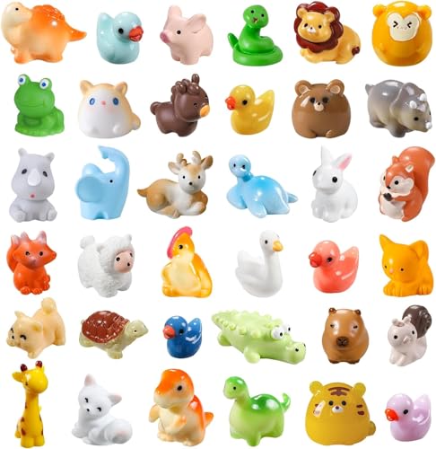 DIYDEC 40 Stück Mini Harz Tierfiguren,Miniatur Figuren Kleine Tierfiguren Winzige Tiere Ornamente Ente Löwe Elefant Frosch Katze Dinosaurier für Miniatur Landschaftsgärten Bonsai Fischbecken Aquarien