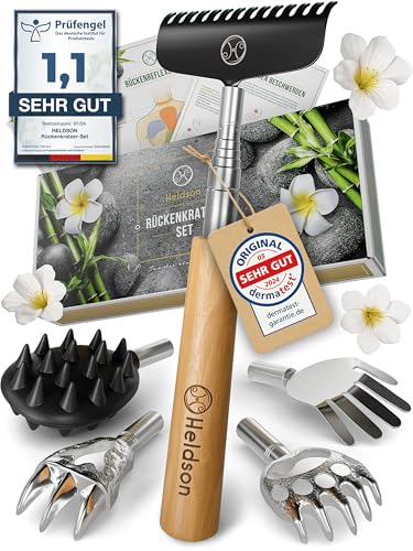 HELDSON® Rückenkratzer Holz EXTRA STABIL [6 Kratzvarianten] - Kratzhand Rückenkratzer Teleskop ausziehbar - Back Scratcher - Rücken Massage Kratzer - Geschenk für Senioren, Frauen & Männer