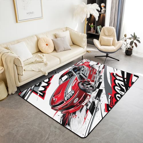 Homewish Rennwagen Area Teppich für Kinder Männer, Speed Sport Auto Teppich 100Bx150L, Extreme Sport Indoor Bodenmatte Rechteckig, Schwarz Weiß Plaid Grid Dekorative Teppich für Esszimmer Unter Tisch