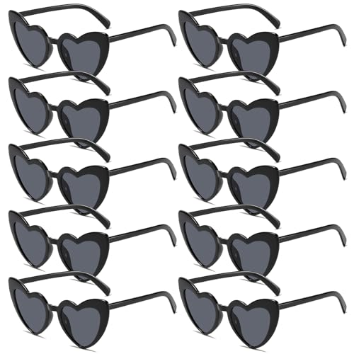 Herz Sonnenbrille Partybrille Set Herzform Brille JGA Brillen Herzbrille 90er Jahre Hippie Herzförmige Brille Herzchen Brille für Party Hochzeit Karneval Halloween 10 Stück (Schwarz)