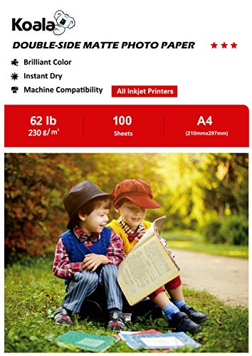 Koala Fotopapier für Tintenstrahldrucker, Doppelseitig, Matt, A4, 230 g/m², 100 Blatt. Geeignet zum Drucken von Fotos, Zertifikaten, Broschüren, Flyern, Faltblättern, Grußkarten, Kalendern, Kunst
